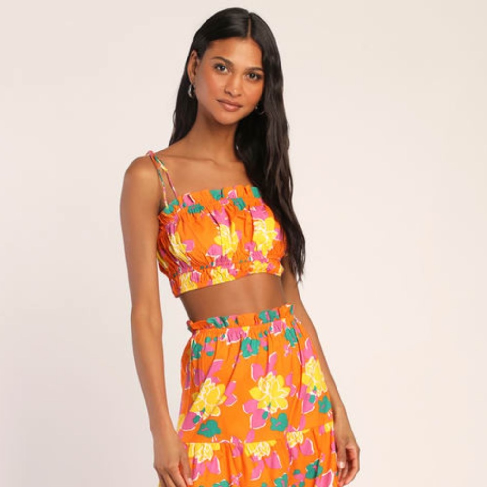 Set for Paradise Orange Tropical Print Tie-Strap Crop Top